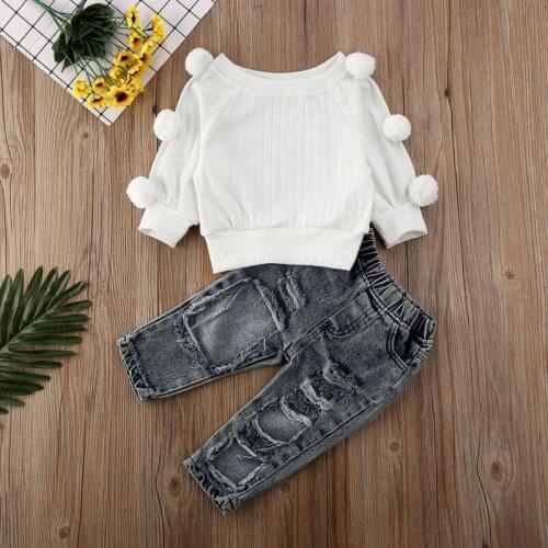 2PCS Toddler Kids Baby Girls Sweater Tops Denim Pants Winter Outfits Clothes fashion plush ball white sweater Shredded jeans