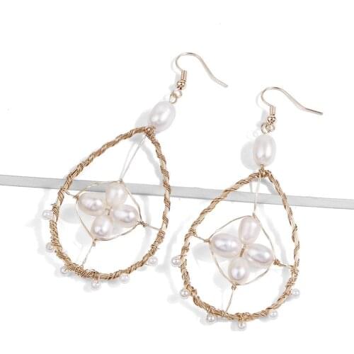 Trendy Water Drop Copper Wire Faux Pearl Pendant Erings Statement Hook Hanging Dangle Earrings Women Party Jewelry Gifts