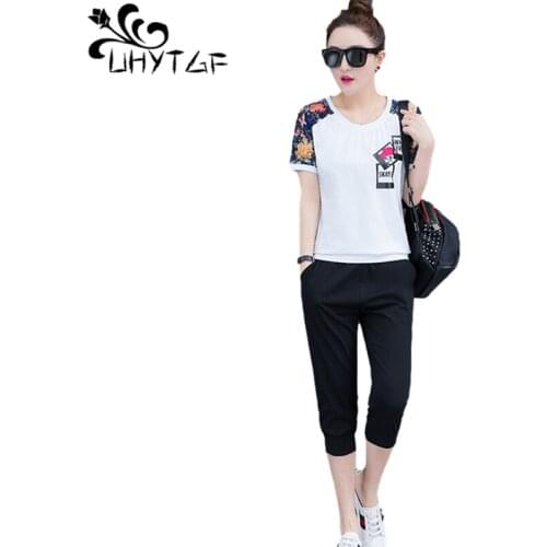 UHYTGF Cute Girl Summer 2 Pieces Set Casual Womens Clothing 2021Fashion Printing T-Shirt Tops + Pants Suit Female Plus Size 1401