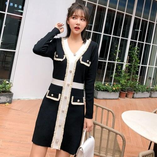 Ladies Knitting Sweater Dress Autumn Womens Vintage Black White Pencil Dress Sexy V-Neck Long Sleeve Party Knit Dress Vestidos