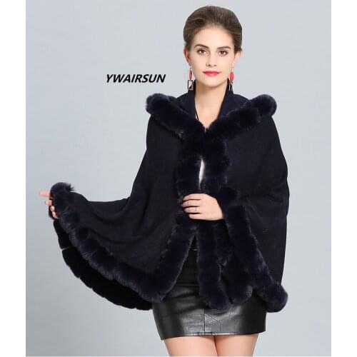 YWAIRSUN Fox hair string hair hooded shawl female luxury cloak fur collar black shawl Classic four colors Party dating shopping