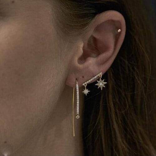 Fish wire cz bar earring for women 925 sterling silver long ear thread geometric round cz charm bar simple fashion jewelry