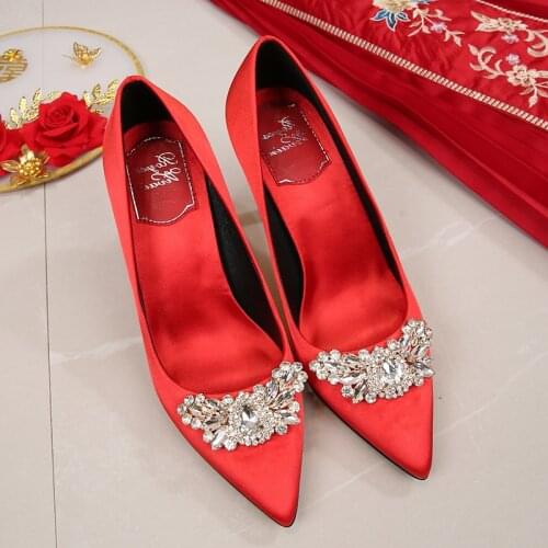 Female Red Wedding Shoes Satin Diamond Fine Shoes Heels Female red bottom high heels