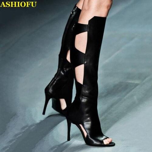 ASHIOFU Handmade New Womens Knee High Boots Sexy Peep-toe Autumn Club Party Boots Stripper Evening Fashion High Heel Boots Shoes