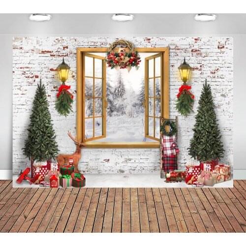 Winter Christmas Snow Backdrop Xmas Tree Gift Decor Photography Vintage White Brick Wall Photo Props Studio Booth Background