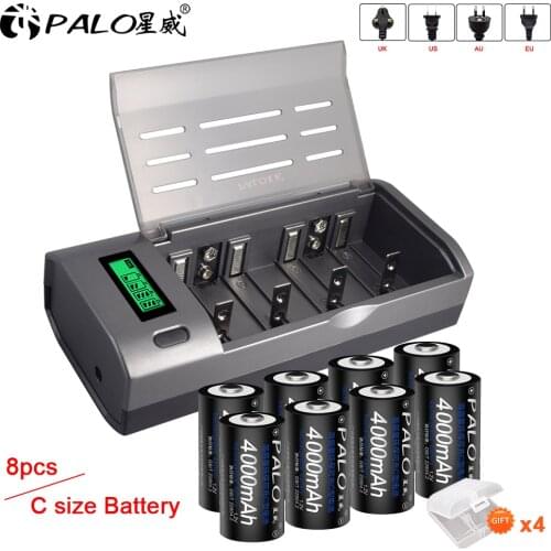 PALO 8pcs nimh 4000mah C rechargeable battery C size 1.2V C batteries+LCD smart AA AAA SC C D rechargeable battery charger