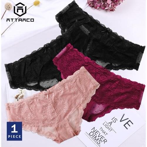 ATTRACO Underwear Panties Briefs 1 PCS Womens Thong Lace String Tanga Soft Basic Solid Black Red Pink Plus Size