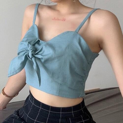 Bule Color Square Collar Top Lace Up Backless Cropped Camisole Women Sexy Skinny Bow Ruched Camisoles Aesthetic Skinny Corset