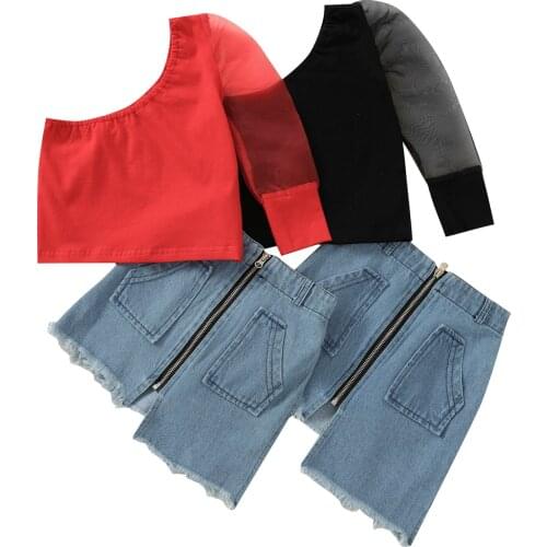 Kids Girls Clothes Sets 2pcs Lace Puff Sleeve One Shoulder Tops Blue Denim Skirts 1-6Y