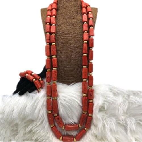 Dudo 14-15mm Genuine Coral Beads Jewelry Set 2 Layers Groom Nigerian Traditional Weddings Necklace Bracelet Set African Style