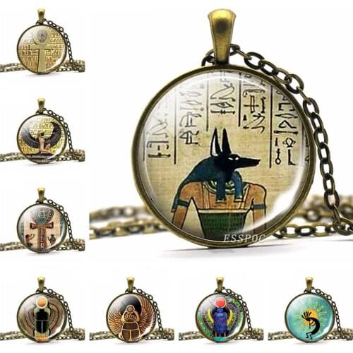 Egyptian Ankh Cross Necklace Ancient Egypt Anubis Scarab Goddess Pattern Necklace Vintage Bronze Chain Necklaces for Women Men