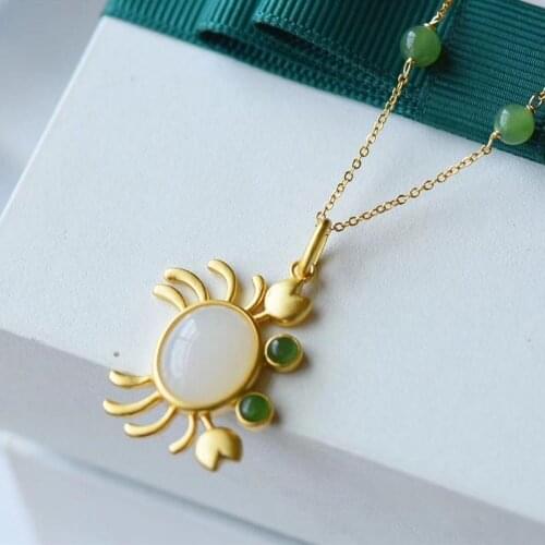 Natural Hetian White Jade Jasper Little Crab Pendant Necklace Sterling Silver Inlaid Super Cute
