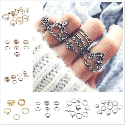 Hot Sale Design Boho Vintage Golden Star Moon Rings Set For Women Crystal Finger Ring 2020 Female Bohemian Jewelry Gifts