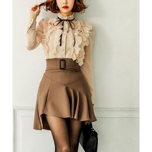 Vogue 2 Piece Set Women Chic Ruffles Full Sleeve Women Tops Blouse And Irregularity Mini Skirt Ropa Mujer Women Clothes SL207