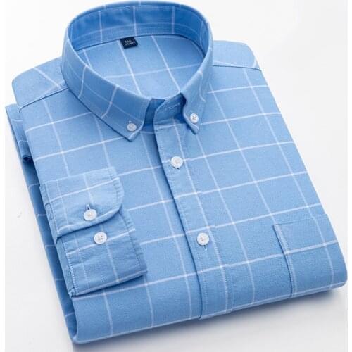 Mens 100% Cotton Oxford Plaid Striped Casual Shirt Single Patch Pocket Regular-fit Button-down Long Sleeve Thick Work Shirts