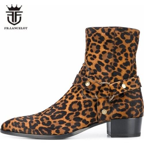 New Exclusive handmade High Top quality waytt Leopard fur genuine leather buckle strap wedge Boots