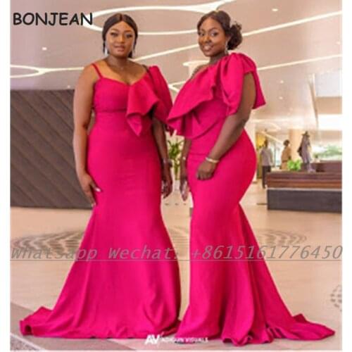 Fuchasia Bridesmaid Dresses 2021 Mermaid Spaghetti Straps Elastic Satin African Bridesmaid Dress Plus Size for Women Wedding
