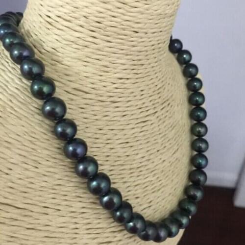 Stunning round 10-11mm tahitian black green pearl necklace 18inch 925 silver