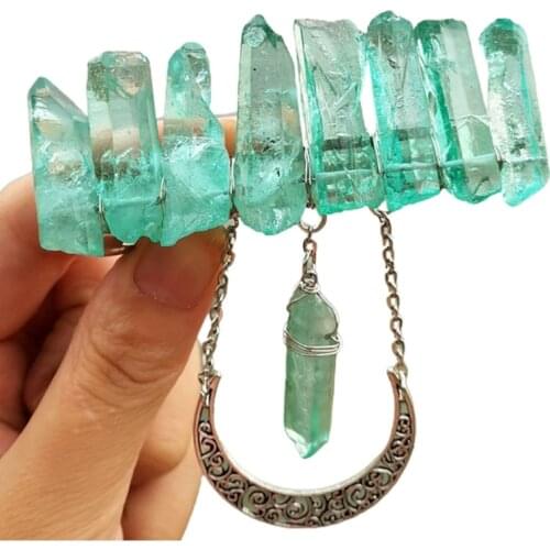 Handmade Natural Stone Spring French Hair Clip Colorful Raw Crystal Quartz Barrette Retro Metal Moon Pendant Hairgrip