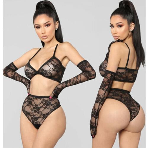 Hot Women Sexy Lace Lingerie Exotic Sleepwear Transparent Panty G-String Thong Gloves Underwear Nightwear 3Pcs Sets