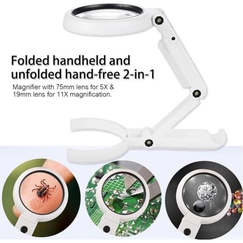 Foldable 5X 11X Magnifier Lamp Handheld Table Lamp Illuminated Magnifier Loupe Magnifier Screen Table 8 LED Reading Lights