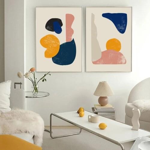 Contemporary Abstract Geometric Poster Beige Yellow Blue Pink Canvas Painting Wall Art Print Picture for Living Room