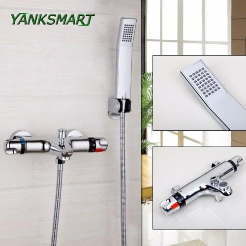 YANKSMART Great Brass Chrome Thermostatic Bathroom Shower Faucet Bathtub Faucet Wall Mounted Bathroom Relaxing Faucet Set