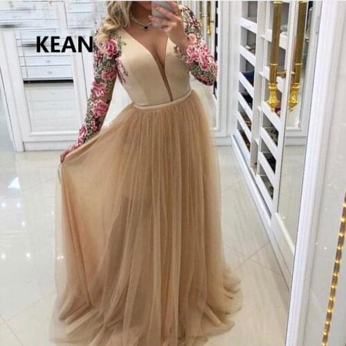 Champagne Evening Dresses Deep V-neck Full Sleeve Appliques vestidos Gold Prom Dress abendkleider Custom Made