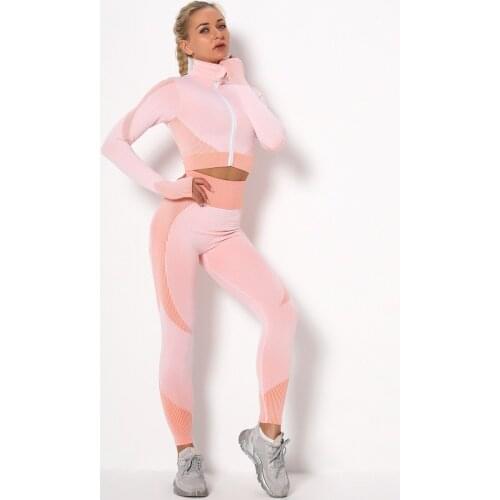 Jacquard seamless zipper Yoga suit womens knitted hip lifting elastic fitness pants sports Yoga suit gym set women