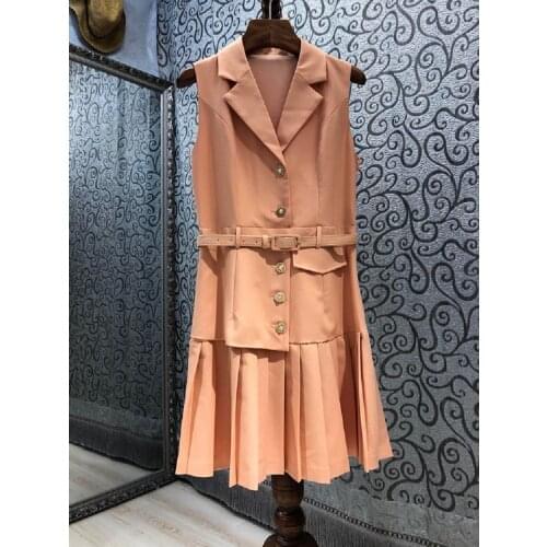 High Quality New Long Blazer Dress 2021 Autumn Women Notched Collar Button Ruffle Patchwork Sleeveless Elegant Work Dress Orange