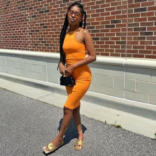 2021 Summer Females Dress Casual Skinny Slim Fit Racerback Tank Dresses Solid Bodycon Mid-Half Vestidos Basic Midi Club Dresses