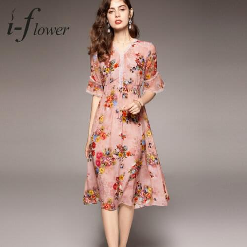 100% Natural Silk Mulberry Dress for Women 2021 Summer Elegant Printing Midi Dress A-Line V Neck Lace Patchwork Floral Robe