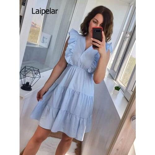2020 V Neck Ruffles Button Midi Dress Summer Party Tank Sundress Women Casual High Waist A-Line Beach Holiday Vestido De Festa
