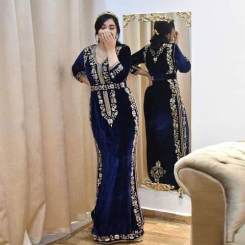 Royal Blue Long Sleeve Mermaid Velour Moroccan Caftan Dress Islamic Dubai Saudi Arabic Evening Dress Appliques Abaya Prom Gown