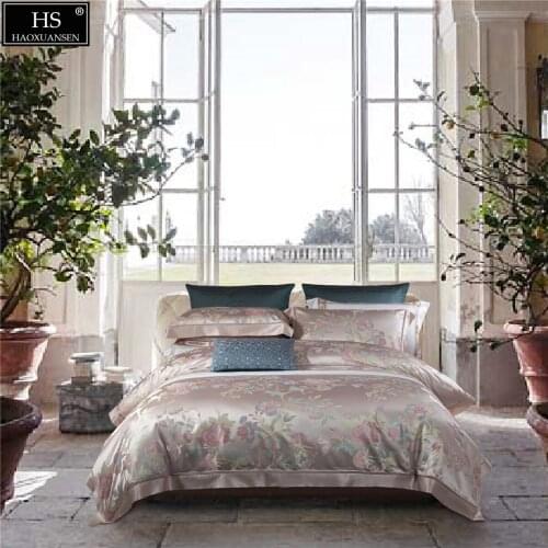 26Momme Mulberry Silk 4Pieces Bedding Sets Yarn Dyed Jacquard Blooming Flowers Design Duvet Cover Sheets Pillowcase Fiber Queen