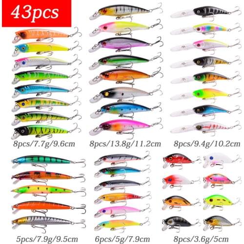 43pcs Mixed Sea Fishing Lures Set Minnow Crank Popper Saltwater Fishing Bait Kits with High Carbon Steel Treble Hook Tackle Kits