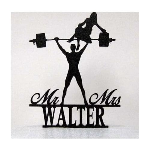 Acrylic wedding cake toppers Mr & Mrs Weight lifting Groom custom last name color engagement bridal shower party tools