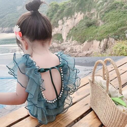 Baby Swimsuits Girls One Piece Bathing Suits New Arrival 2020 Summer Beadings Kids Beach Sports Swimwear