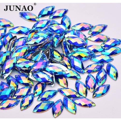 JUNAO 7x15mm Blue Green Red AB Sewing Rhinestones Applique Flatback Acrylic Gems Sewn Strass Crystal Horse Eye Stones for Crafts