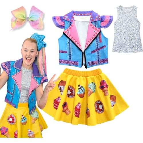 Girls JOJO Siwa Cosplay Costume Girls Sleeveless Jacket Vest Dress Hair Clip Clothes Set Child Clothing Jojo Siwa Suit Clothes