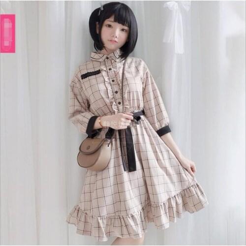 Summer Mori Girl Dress Japanese Fresh Retro Sweet Plaid Long Sleeve Student Vintage Dress Lolita Tea Party Dress Cos Loli