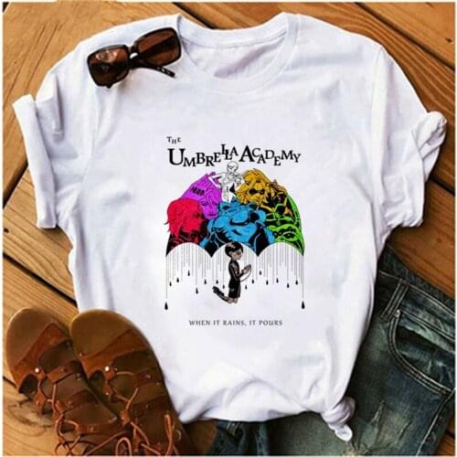 LINNA Umbrella Academy Cartoon T-shirt Women Funny "Green" Printed Top Harajuku Anime Printed Top Women