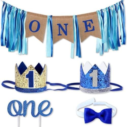 NEW Baby Shower Blue Pink Photo Frame Crown Hat Banners Garlands for Kids Baby Boy Girl One Year Old 1st Birthday Party Hot