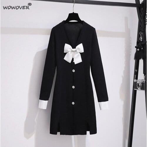 Autumn Winter Bowknot Solid Black Knitted Dresses Women Long Sleeve V Neck Sweaters Vestidos Fashion Female Casual Knitwear Robe