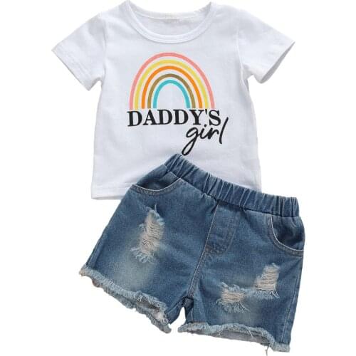 0-6Y Summer Lovely Infant Baby Girls Clothes Sets/One Piece Romper Rainbow Print Tops+Denim Shorts