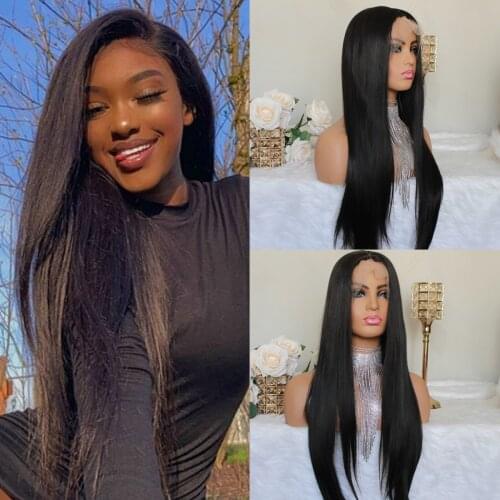 Lace Front Synthetic Wigs Natural Black Color Middle Part 180% Density Long Lace Wig 22Inch T Part Wigs