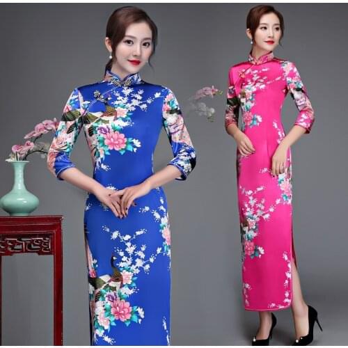 Oversized 6XL Floral&Peacock Chinese Lady Cheongsam Qipao Print Flower Sexy Long Dress Bride Wedding Evening Party Gown Vestidos
