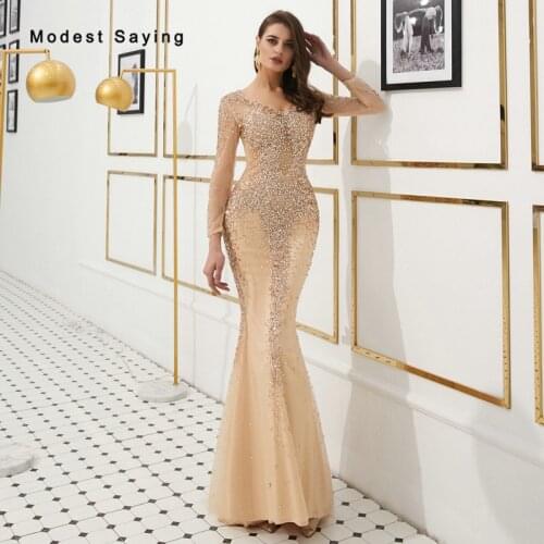 Luxury Champagne Mermaid V Neck Beaded Evening Dresses 2019 with Crystal Sexy Long Sleeves Party Prom Gowns vestido de festa