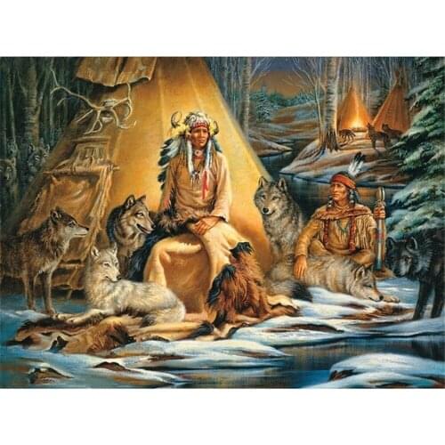 Wolf Indian Woman Printed Water-Soluble Canvas 11CT Cross-Stitch Embroidery Complete Kit DMC Threads Knitting Promotions