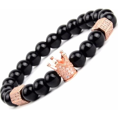 Natural Stone Black Agates Beads Bracelets Bangles For Women Rose Gold Pave Cz Crown Charm Bracelet Men Wristband Bangle Jewelry